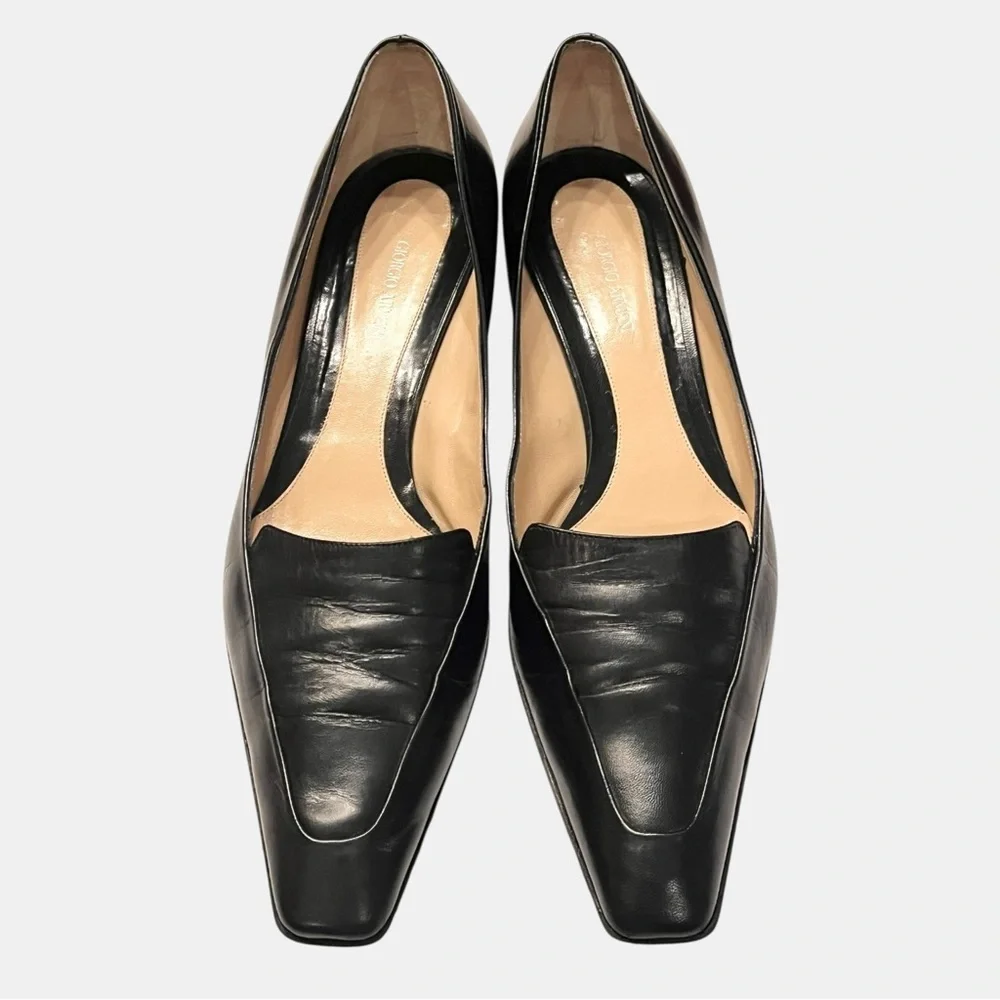 GIORGIO ARMANI black leather low heel squared off point toe heels size 9.5 39.5